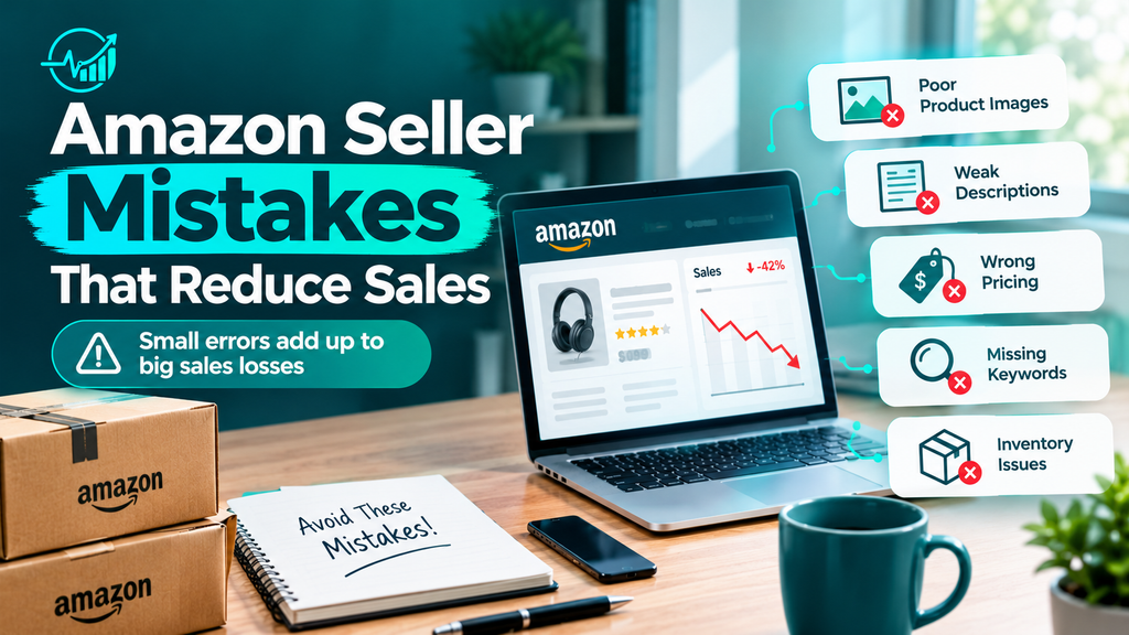 Amazon seller mistakes that reduce sales, including poor product images, weak descriptions, incorrect pricing, missing keywords, and inventory issues.