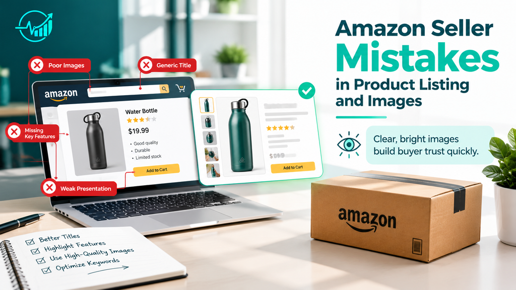Common Amazon seller mistakes that hurt sales, including poor product images, weak listings, incorrect pricing, missing keywords, and inventory problems